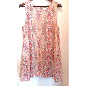 Rachel Zoe 100% Linen Sleeveless Boho Paisley Dress Tunic Size L Pockets Midi